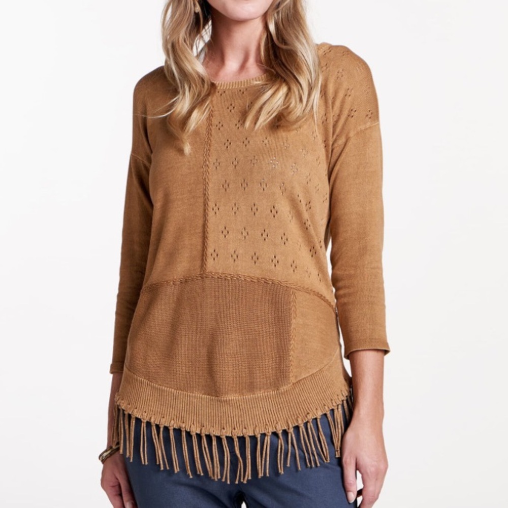Toad&Co Woodstock Pullover Sweater Knit Fringe Tan Organic Cotton Boho Large